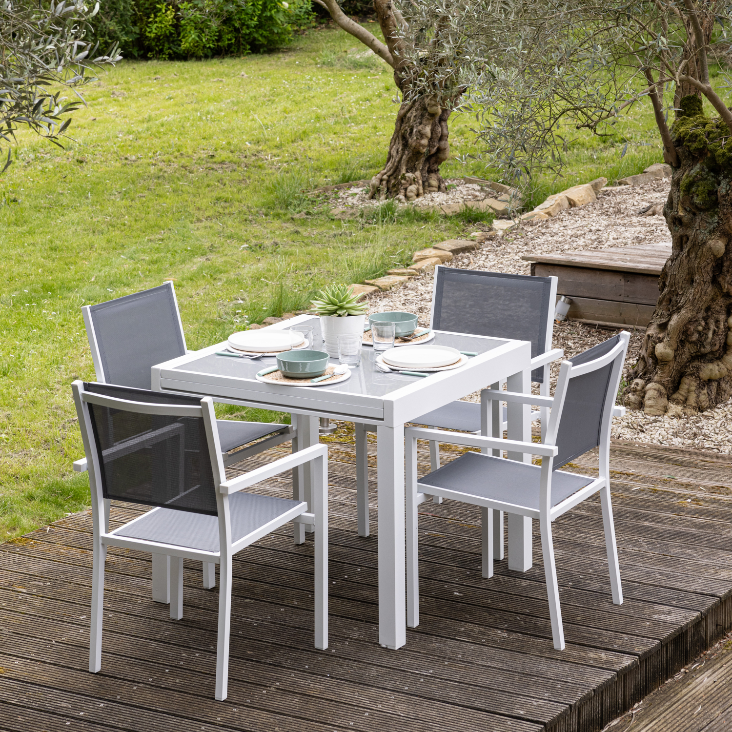 LAMPEDUSA grijs textilene verlengbare tuinset 8 zitplaatsen - wit aluminium